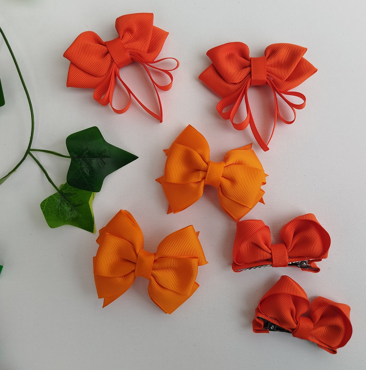 Handmade Orange Kids Hair Clips Set of 12 – Ribbon Flower & Bow Kanzashi Style Hair Bows, Alligator Clips