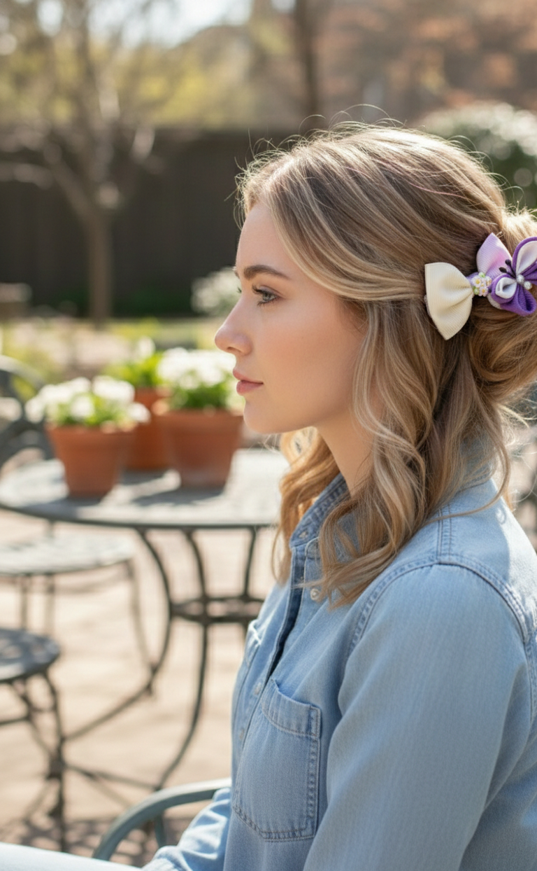 Luxury Purple & White Floral, Butterfly & Bunny Hair Clip Set with Floral Headband – 6-Piece Handmade Set