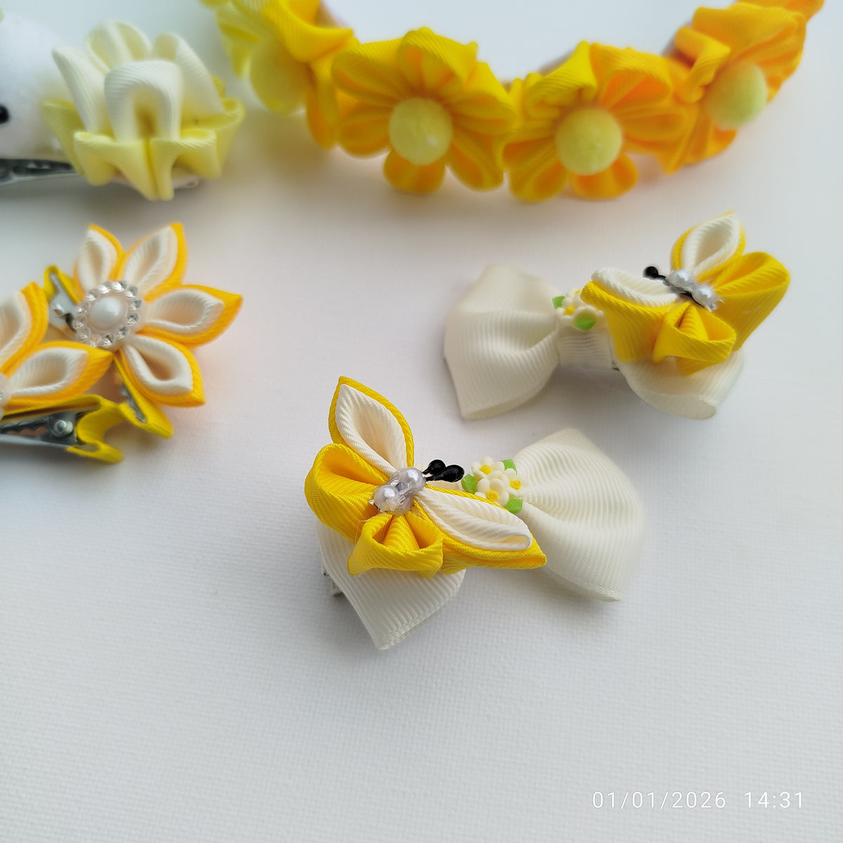Handmade Yellow & White Girls Hair Accessories Set – 6 Piece Floral, Butterfly & Bunny Ribbon Clips with Matching Headband