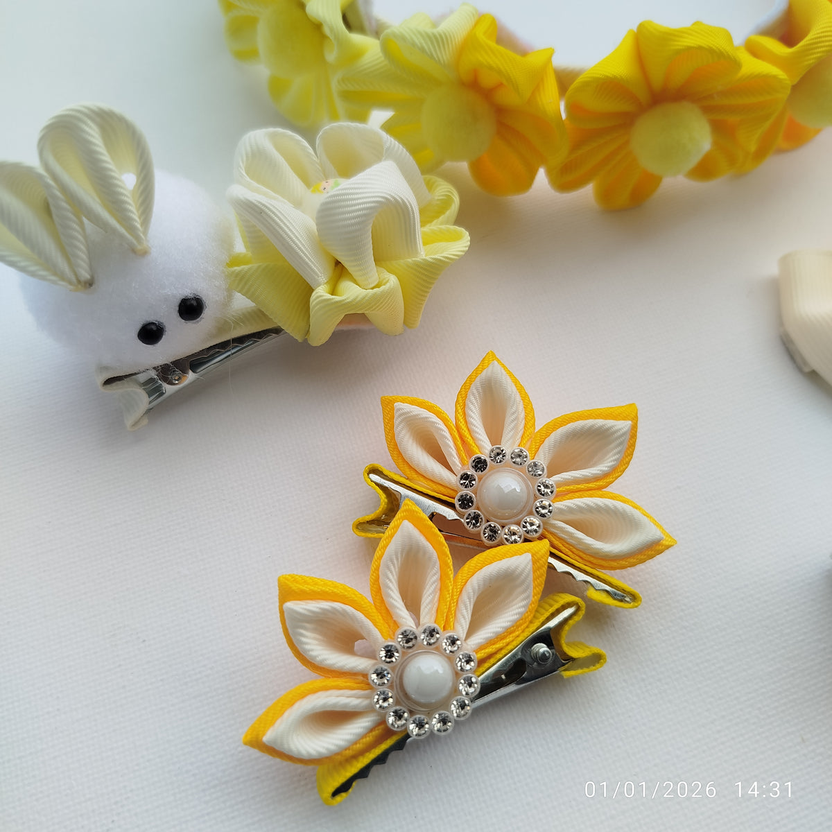 Handmade Yellow & White Girls Hair Accessories Set – 6 Piece Floral, Butterfly & Bunny Ribbon Clips with Matching Headband