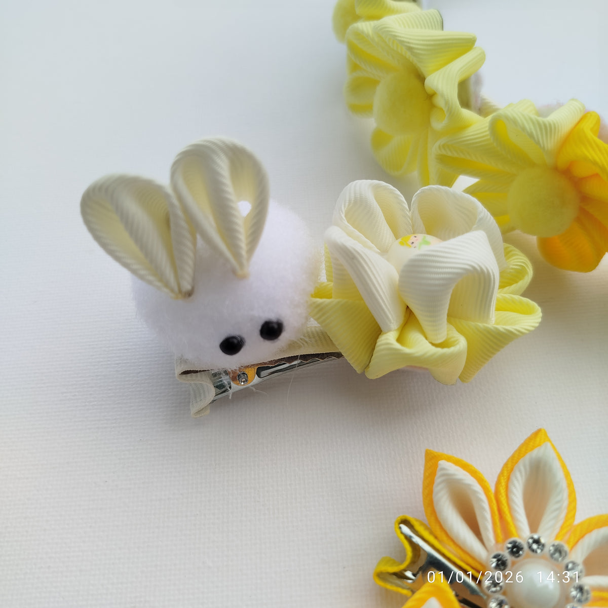 Handmade Yellow & White Girls Hair Accessories Set – 6 Piece Floral, Butterfly & Bunny Ribbon Clips with Matching Headband