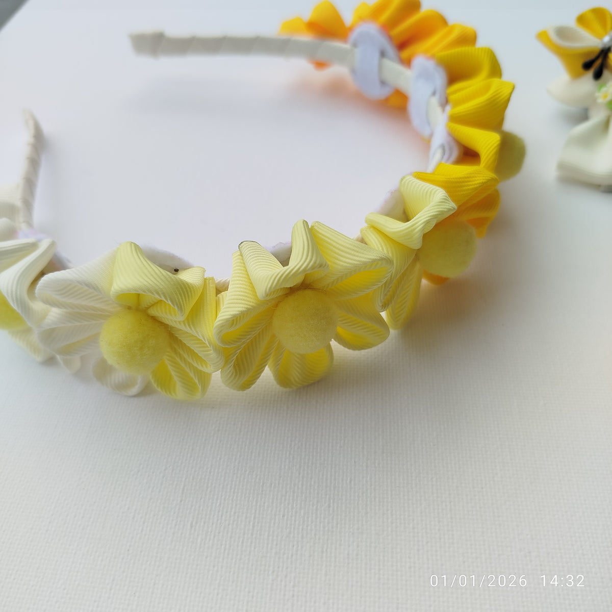 Handmade Yellow & White Girls Hair Accessories Set – 6 Piece Floral, Butterfly & Bunny Ribbon Clips with Matching Headband