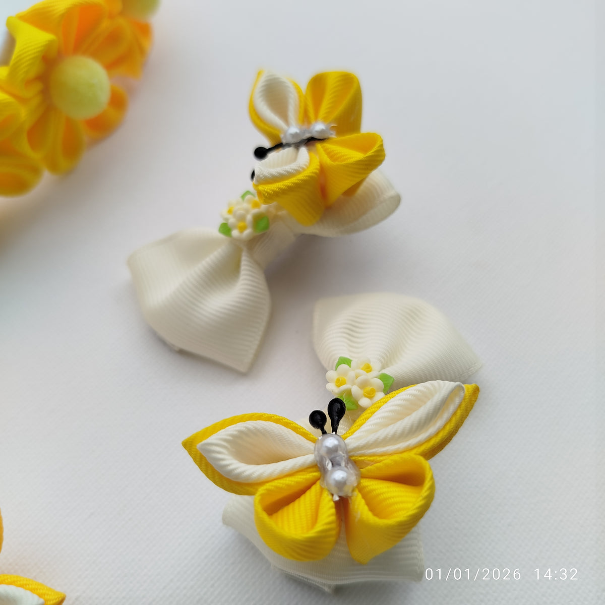 Handmade Yellow & White Girls Hair Accessories Set – 6 Piece Floral, Butterfly & Bunny Ribbon Clips with Matching Headband
