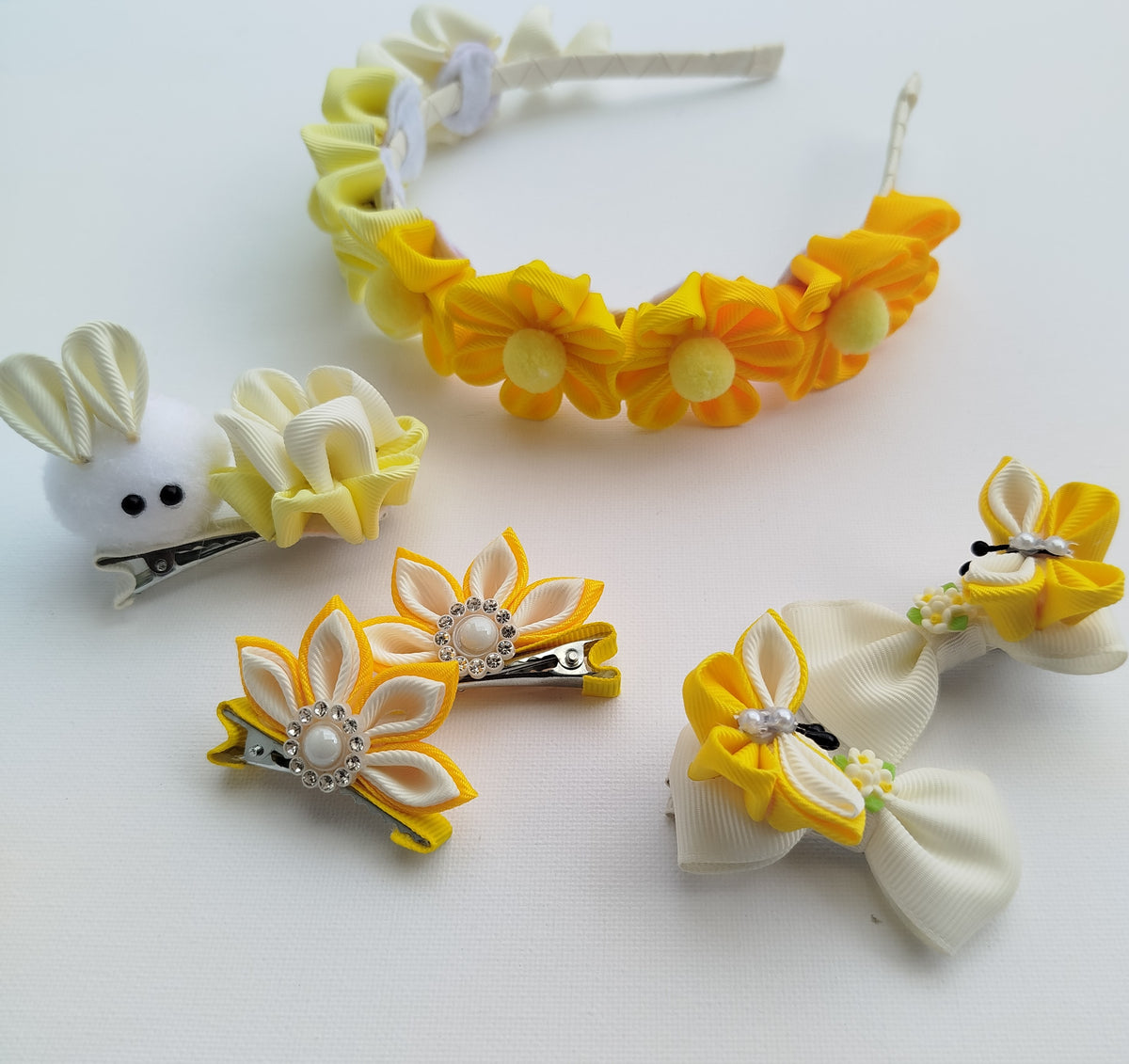 Handmade Yellow & White Girls Hair Accessories Set – 6 Piece Floral, Butterfly & Bunny Ribbon Clips with Matching Headband