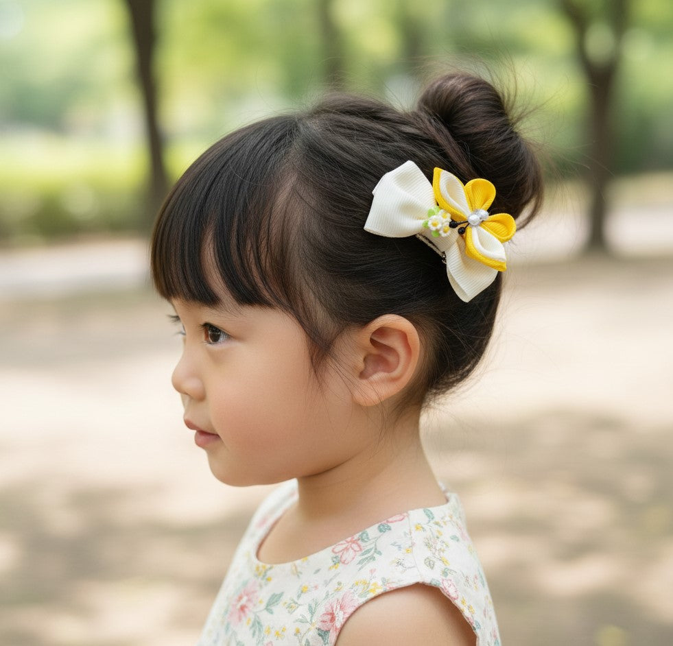 Handmade Yellow & White Girls Hair Accessories Set – 6 Piece Floral, Butterfly & Bunny Ribbon Clips with Matching Headband