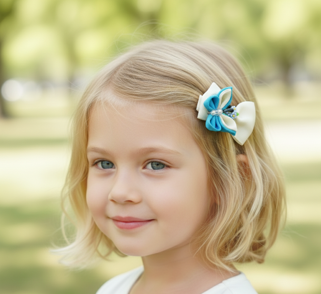 Luxury Blue & White Floral, Butterfly & Bunny Hair Clip Set with Floral Headband – 6-Piece Handmade Set