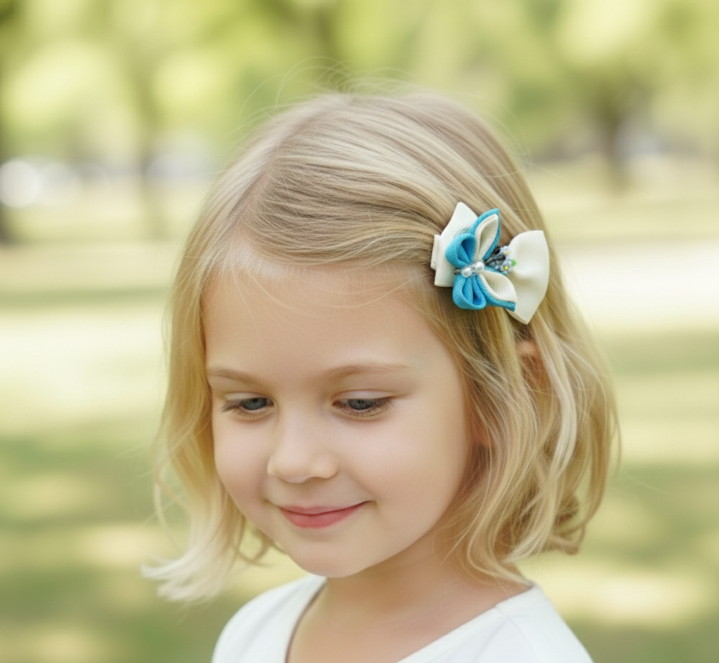 Luxury Blue & White Floral, Butterfly & Bunny Hair Clip Set with Floral Headband – 6-Piece Handmade Set