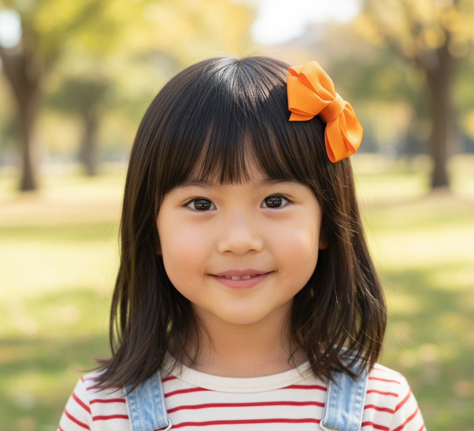 Handmade Orange Kids Hair Clips Set of 12 – Ribbon Flower & Bow Kanzashi Style Hair Bows, Alligator Clips