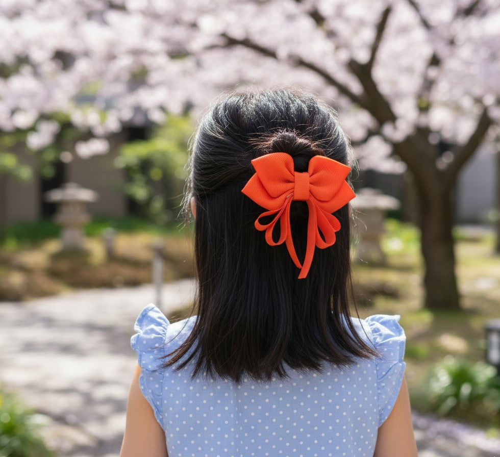 Handmade Orange Kids Hair Clips Set of 12 – Ribbon Flower & Bow Kanzashi Style Hair Bows, Alligator Clips