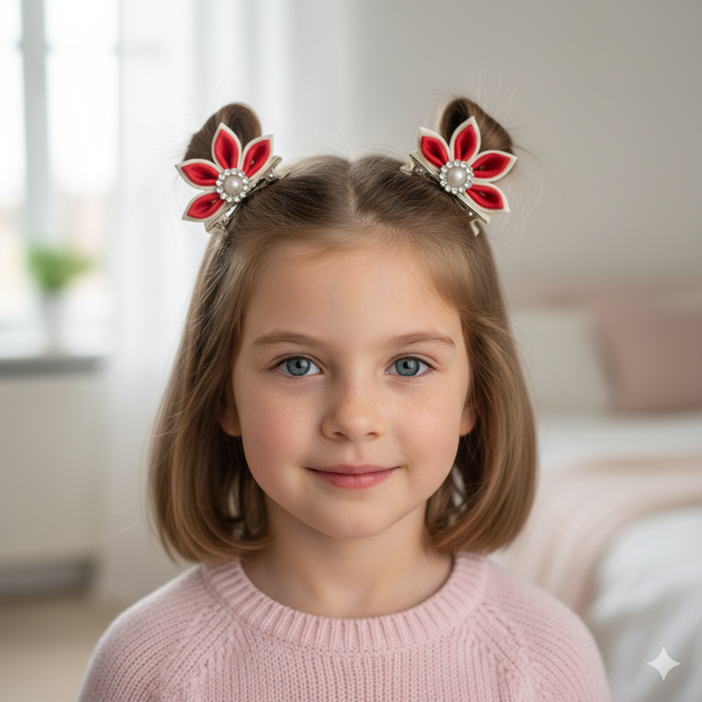 Luxury Red & White Floral, Butterfly & Bunny Hair Clip Set with Floral Headband – 6-Piece Handmade Set