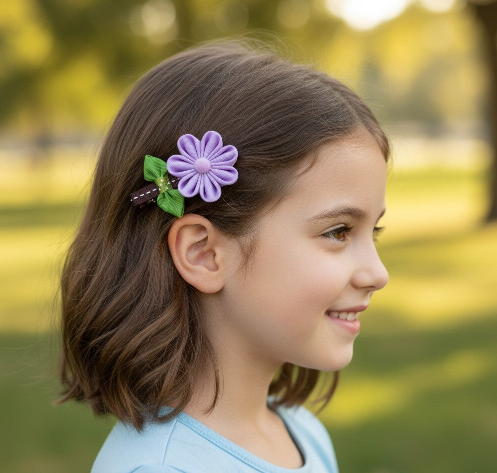 7-Piece Handmade Girls Hair Accessories Set – Multicolor Floral, Bow & Bunny Ribbon Clips with Matching Headband