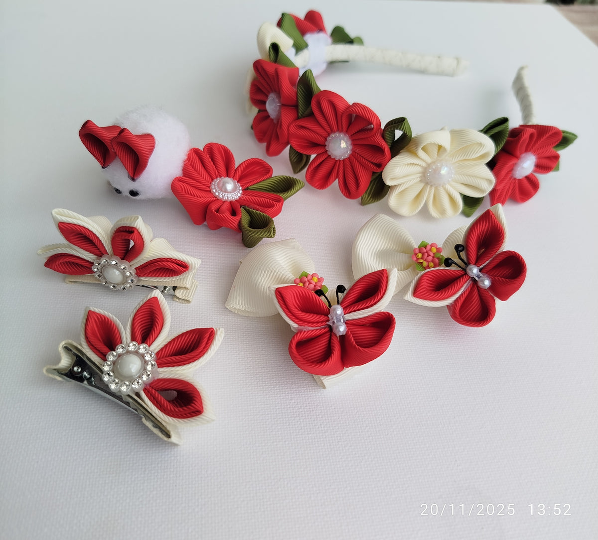 Luxury Red & White Floral, Butterfly & Bunny Hair Clip Set with Floral Headband – 6-Piece Handmade Set