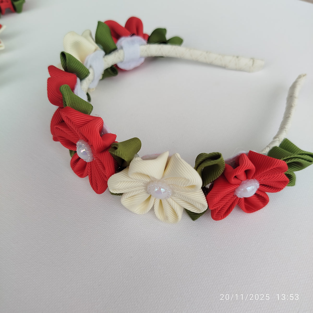 Luxury Red & White Floral, Butterfly & Bunny Hair Clip Set with Floral Headband – 6-Piece Handmade Set