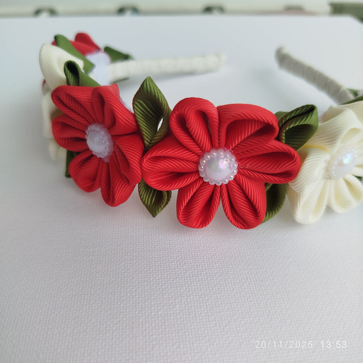 Luxury Red & White Floral, Butterfly & Bunny Hair Clip Set with Floral Headband – 6-Piece Handmade Set