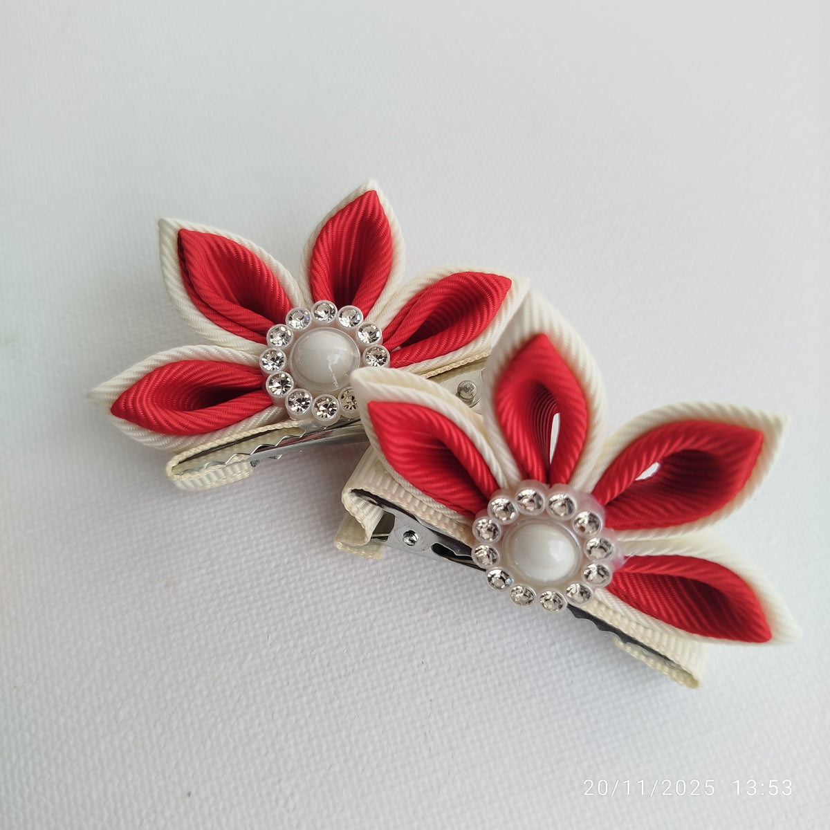 Luxury Red & White Floral, Butterfly & Bunny Hair Clip Set with Floral Headband – 6-Piece Handmade Set