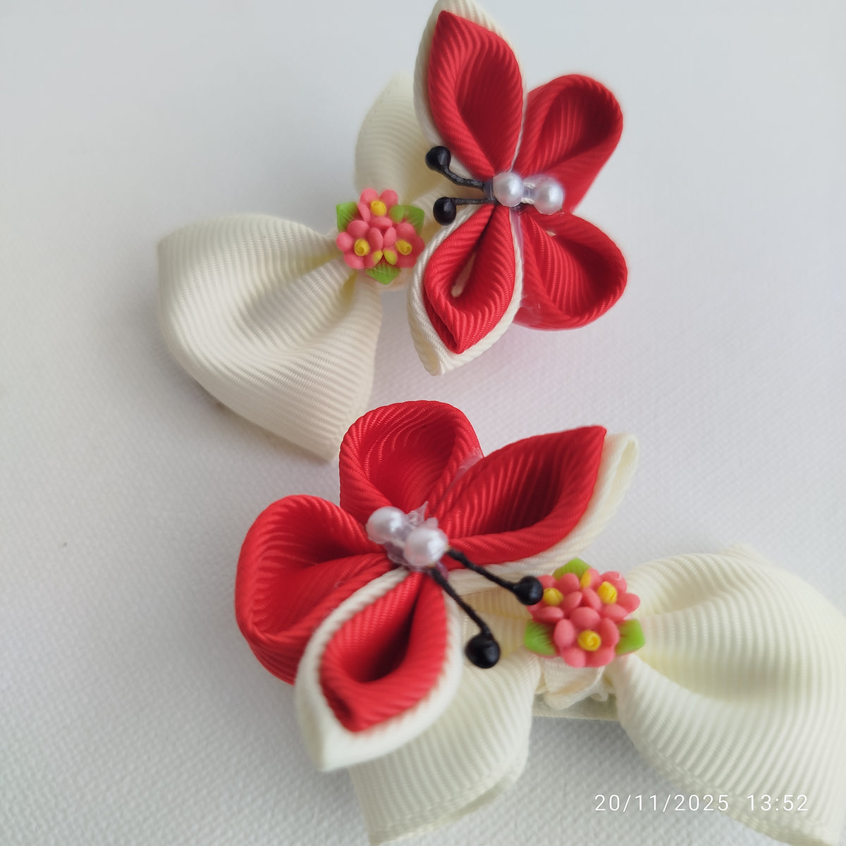 Luxury Red & White Floral, Butterfly & Bunny Hair Clip Set with Floral Headband – 6-Piece Handmade Set