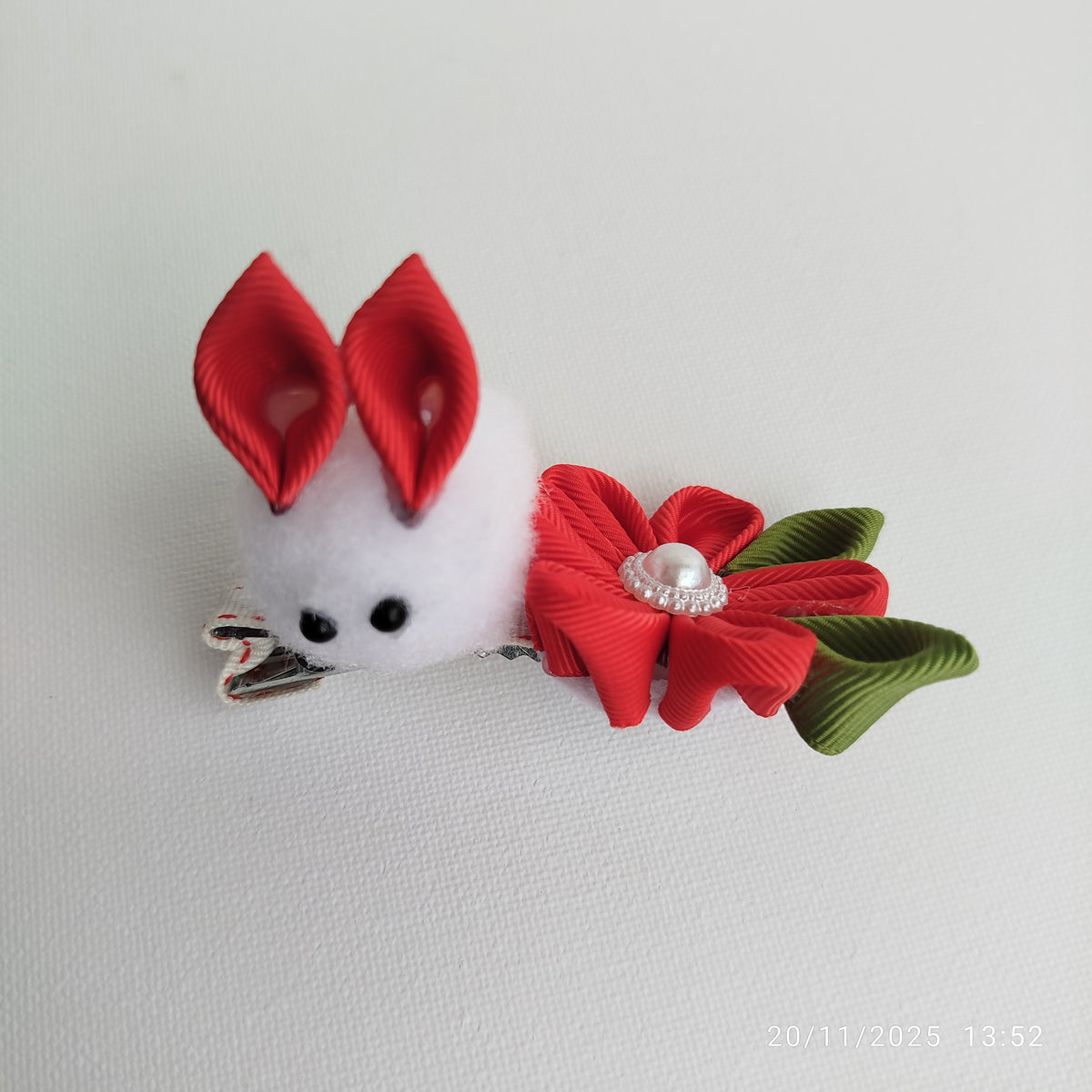 Luxury Red & White Floral, Butterfly & Bunny Hair Clip Set with Floral Headband – 6-Piece Handmade Set