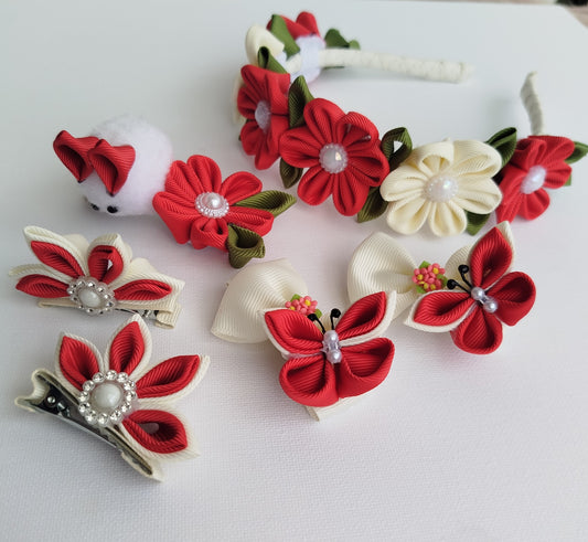 Luxury Red & White Floral, Butterfly & Bunny Hair Clip Set with Floral Headband – 6-Piece Handmade Set