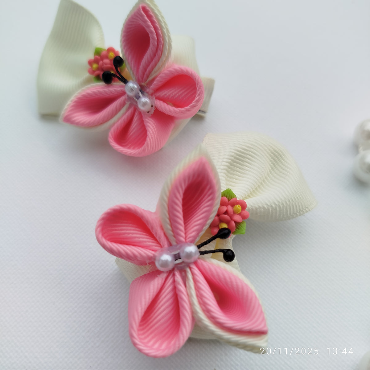 Luxury Pink & White Floral, Butterfly & Bunny Hair Clip Set with Floral Headband – 6-Piece Handmade Set