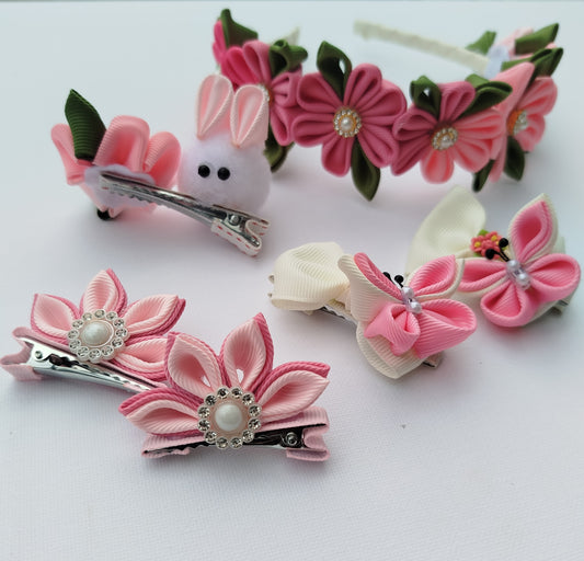 Luxury Pink & White Floral, Butterfly & Bunny Hair Clip Set with Floral Headband – 6-Piece Handmade Set