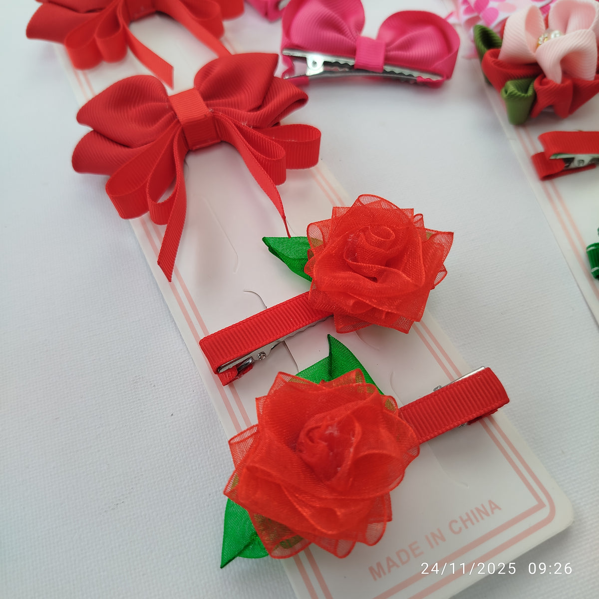 Handmade Red Kids Hair Clips Set of 12 – Ribbon Flower & Bow Kanzashi Style Hair Bows, Alligator Clips