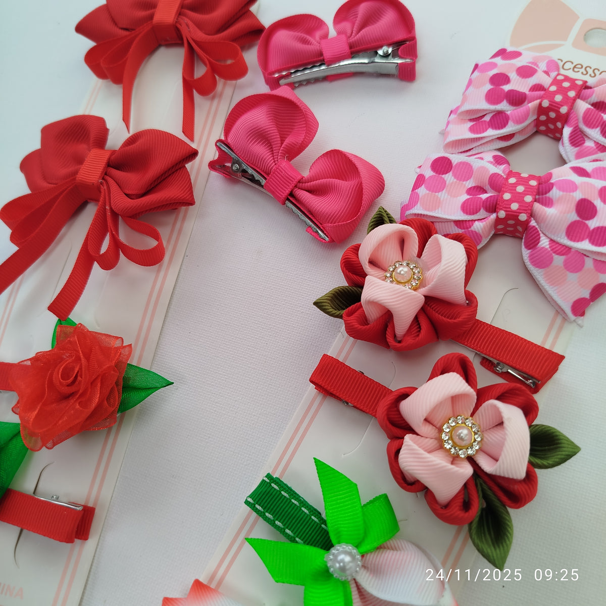 Handmade Red Kids Hair Clips Set of 12 – Ribbon Flower & Bow Kanzashi Style Hair Bows, Alligator Clips