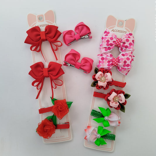 Handmade Red Kids Hair Clips Set of 12 – Ribbon Flower & Bow Kanzashi Style Hair Bows, Alligator Clips
