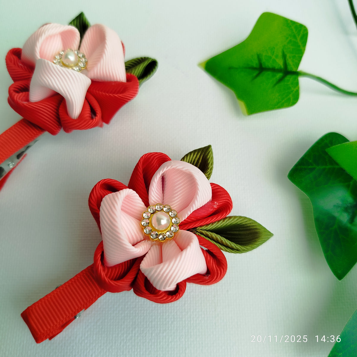 Handmade Red Kids Hair Clips Set of 12 – Ribbon Flower & Bow Kanzashi Style Hair Bows, Alligator Clips