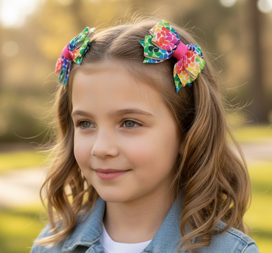 7-Piece Handmade Hair Accessories Set for Girls – Multicolor Grosgrain Ribbon Bow, Floral & Bunny Hair Clips with Headband