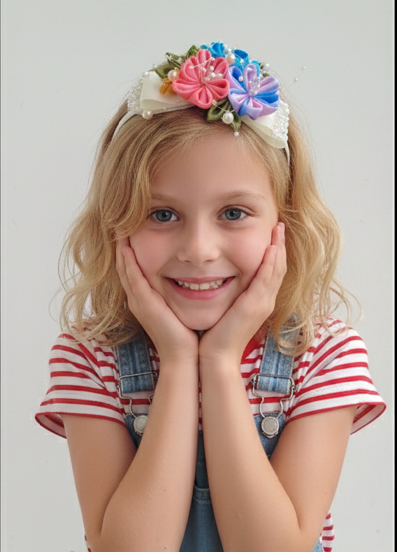 7-Piece Handmade Hair Accessories Set for Girls – Multicolor Grosgrain Ribbon Bow, Floral & Bunny Hair Clips with Headband