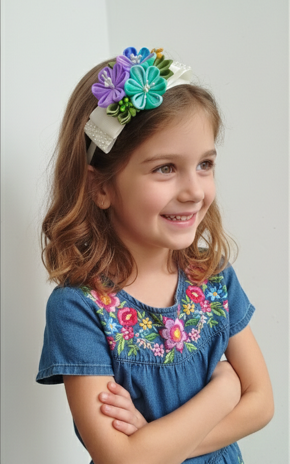 7-Piece Handmade Girls Hair Accessories Set – Multicolor Ribbon Hair Clips, Floral Bow & Bunny Clips with Matching Headband