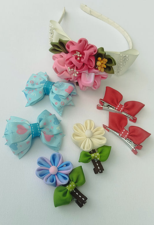 7-Piece Handmade Hair Clip & Headband Set for Girls – Colorful Grosgrain Ribbon Flowers, Bows & Bunny Designs