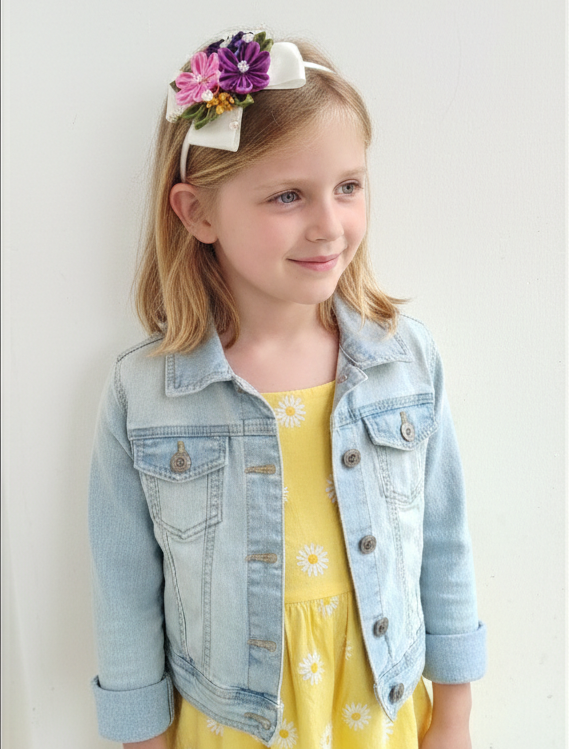 7-Piece Handmade Girls Hair Accessories Set – Multicolor Floral, Bow & Bunny Ribbon Clips with Matching Headband