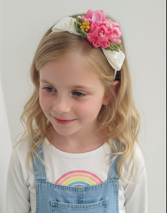 7-Piece Handmade Hair Clip & Headband Set for Girls – Colorful Grosgrain Ribbon Flowers, Bows & Bunny Designs