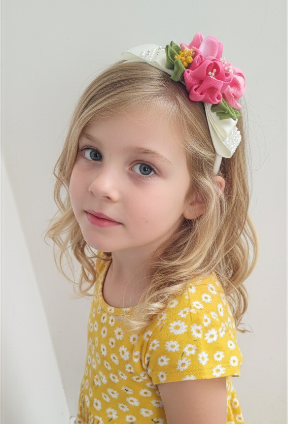 7-Piece Handmade Hair Clip & Headband Set for Girls – Colorful Grosgrain Ribbon Flowers, Bows & Bunny Designs