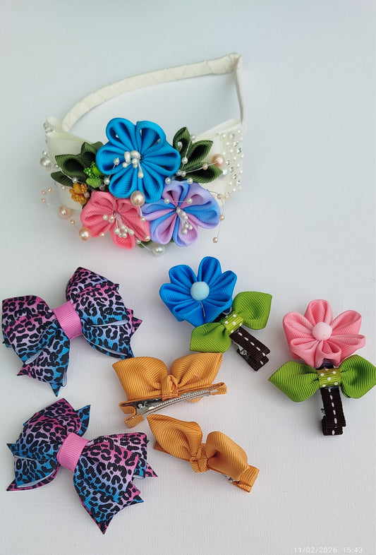7-Piece Handmade Hair Clips & Floral Headband Set for Girls – Multicolor Bow, Floral & Bunny Grosgrain Ribbon Hair Accessories
