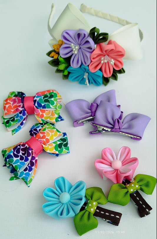 7-Piece Handmade Hair Accessories Set for Girls – Multicolor Grosgrain Ribbon Bow, Floral & Bunny Hair Clips with Headband
