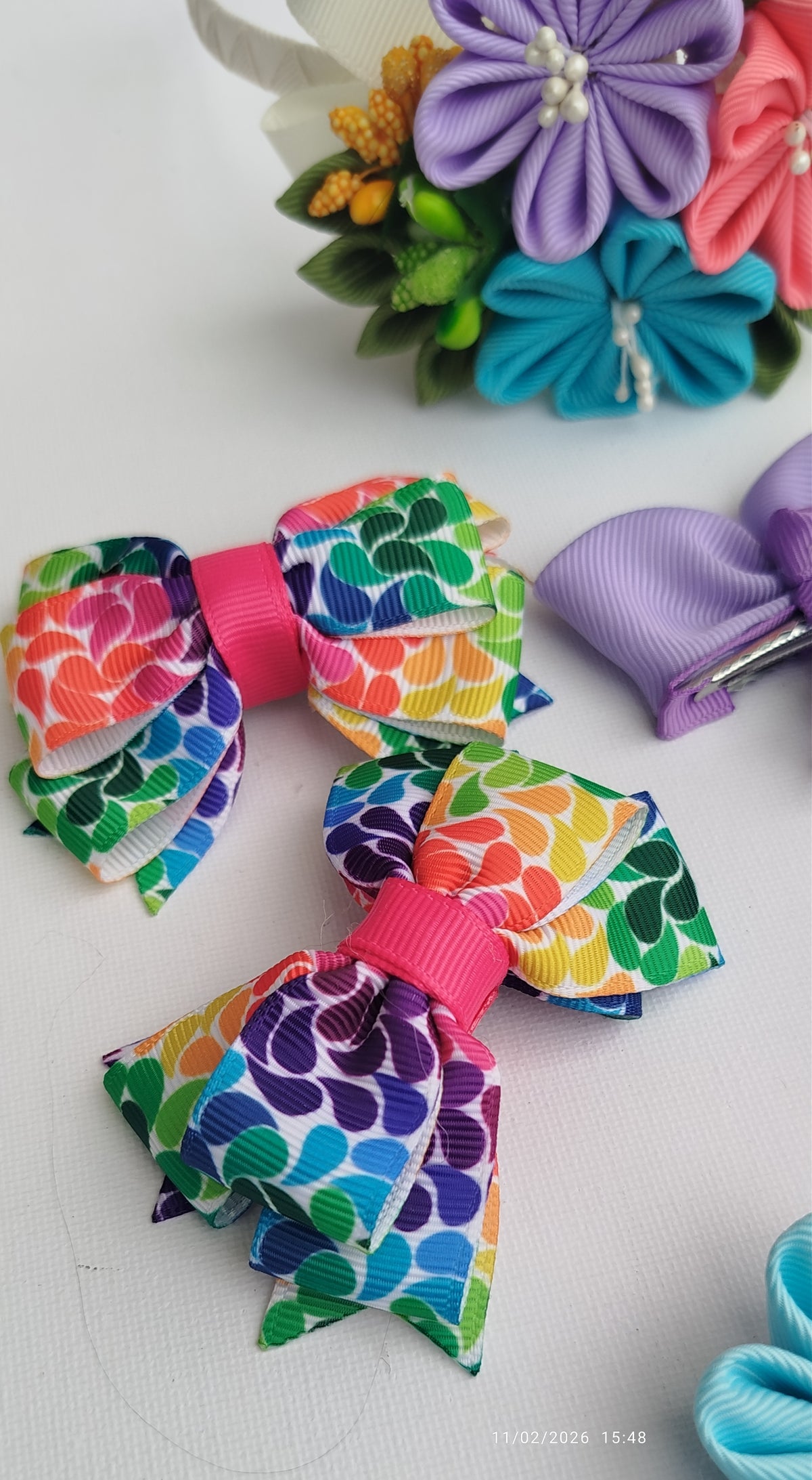 7-Piece Handmade Hair Accessories Set for Girls – Multicolor Grosgrain Ribbon Bow, Floral & Bunny Hair Clips with Headband