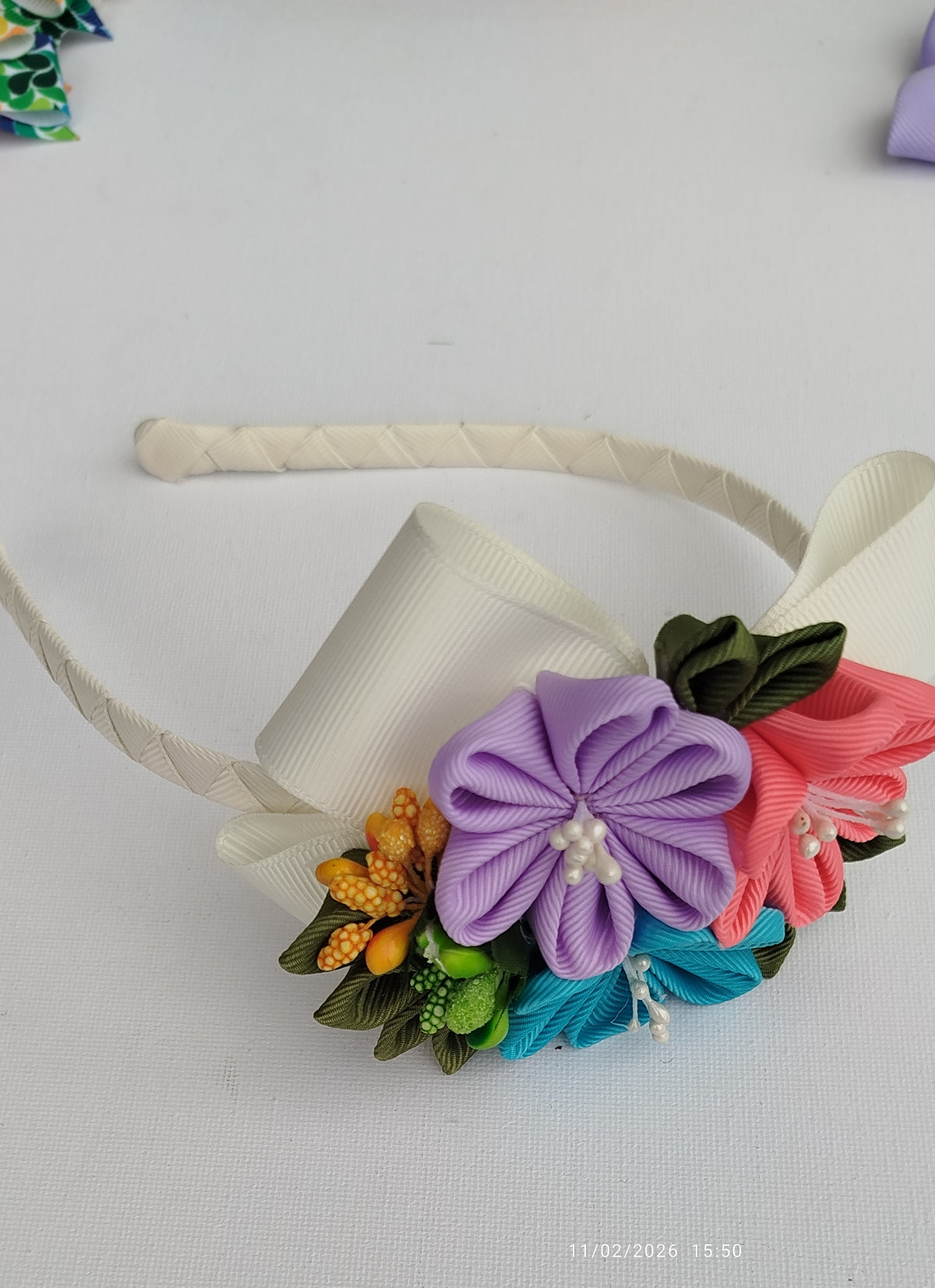 7-Piece Handmade Hair Accessories Set for Girls – Multicolor Grosgrain Ribbon Bow, Floral & Bunny Hair Clips with Headband