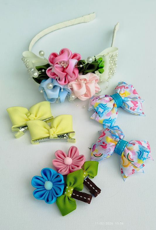 7-Piece Handmade Hair Clips & Headband Set for Girls – Multicolor Grosgrain Ribbon Bow, Flower & Bunny Hair Accessories