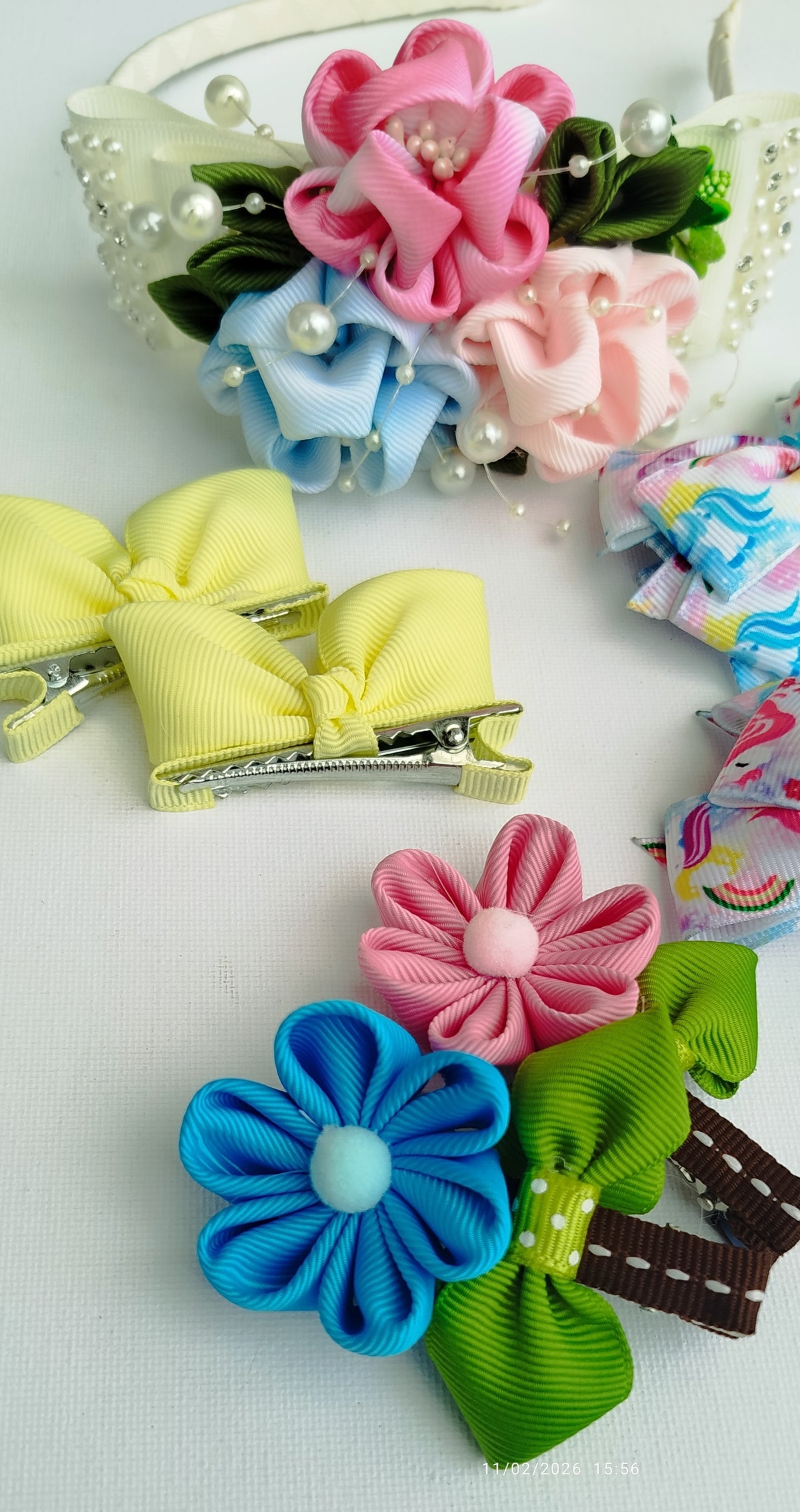 7-Piece Handmade Hair Clips & Headband Set for Girls – Multicolor Grosgrain Ribbon Bow, Flower & Bunny Hair Accessories