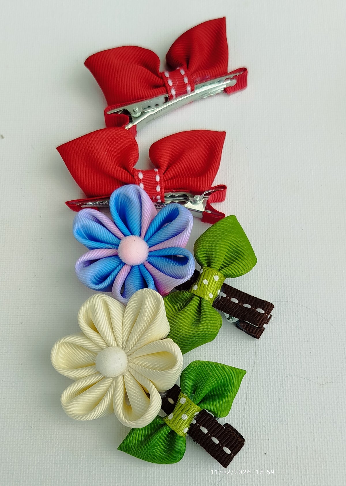 7-Piece Handmade Hair Clip & Headband Set for Girls – Colorful Grosgrain Ribbon Flowers, Bows & Bunny Designs