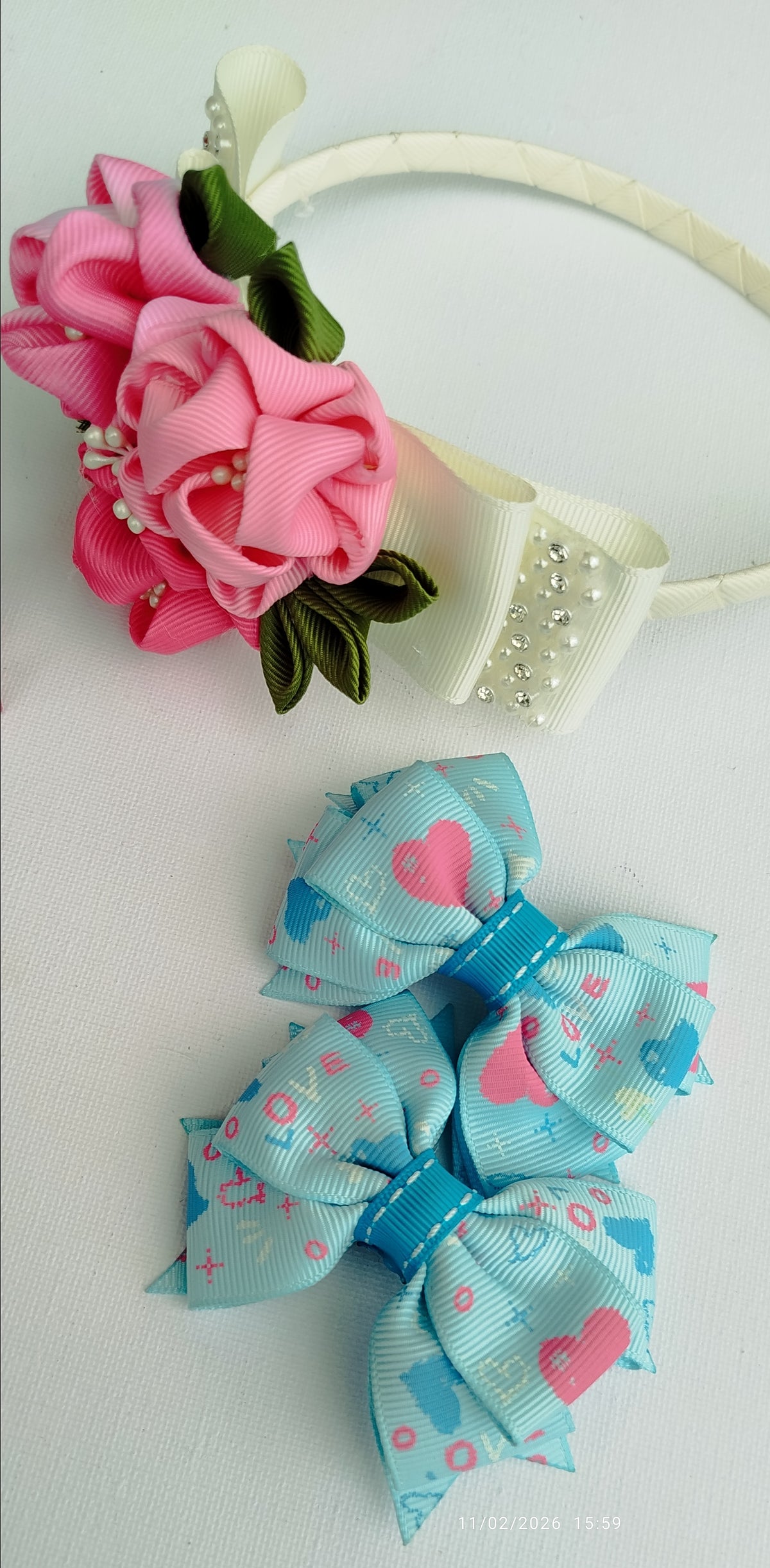 7-Piece Handmade Hair Clip & Headband Set for Girls – Colorful Grosgrain Ribbon Flowers, Bows & Bunny Designs