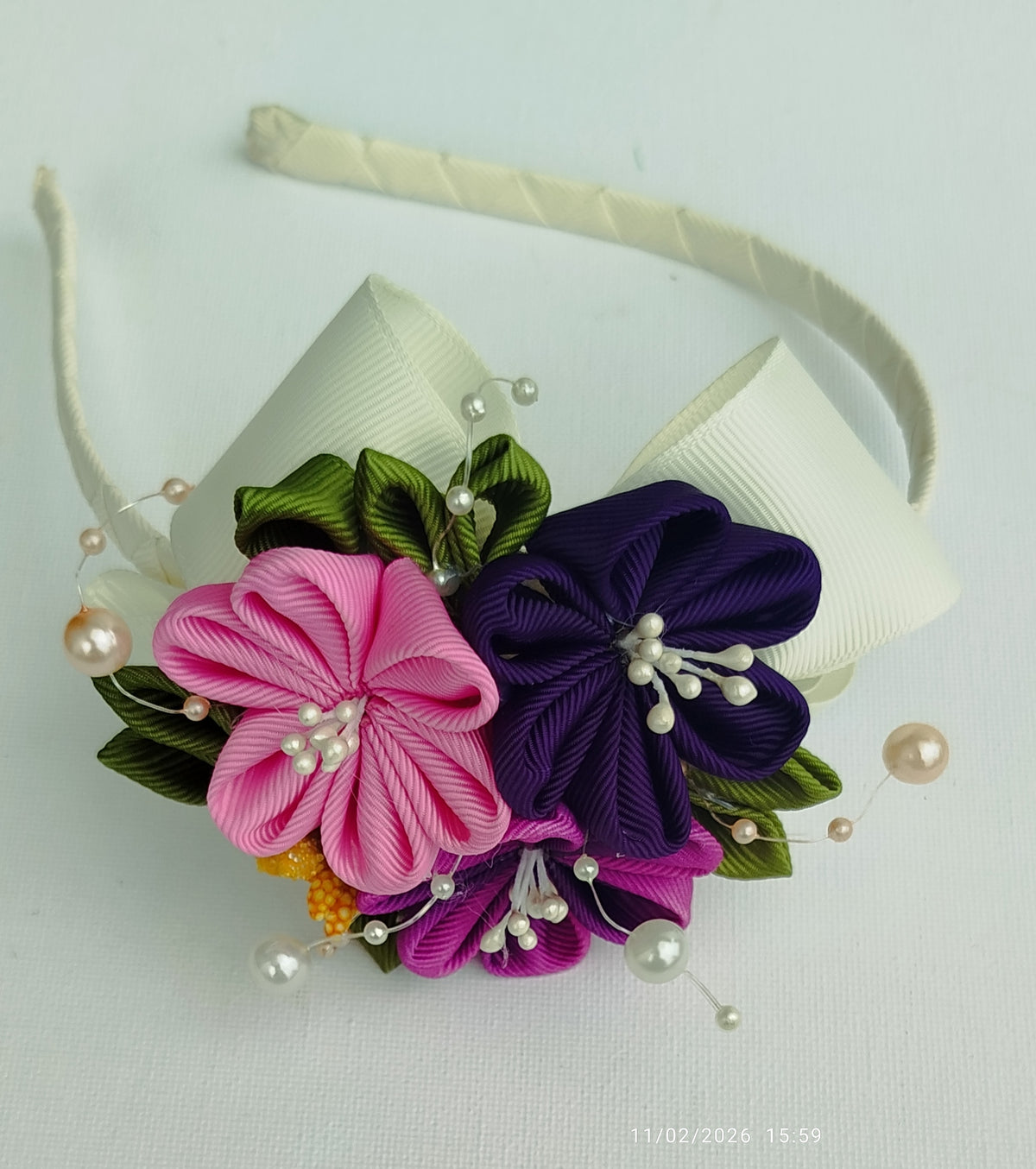 7-Piece Handmade Girls Hair Accessories Set – Multicolor Floral, Bow & Bunny Ribbon Clips with Matching Headband