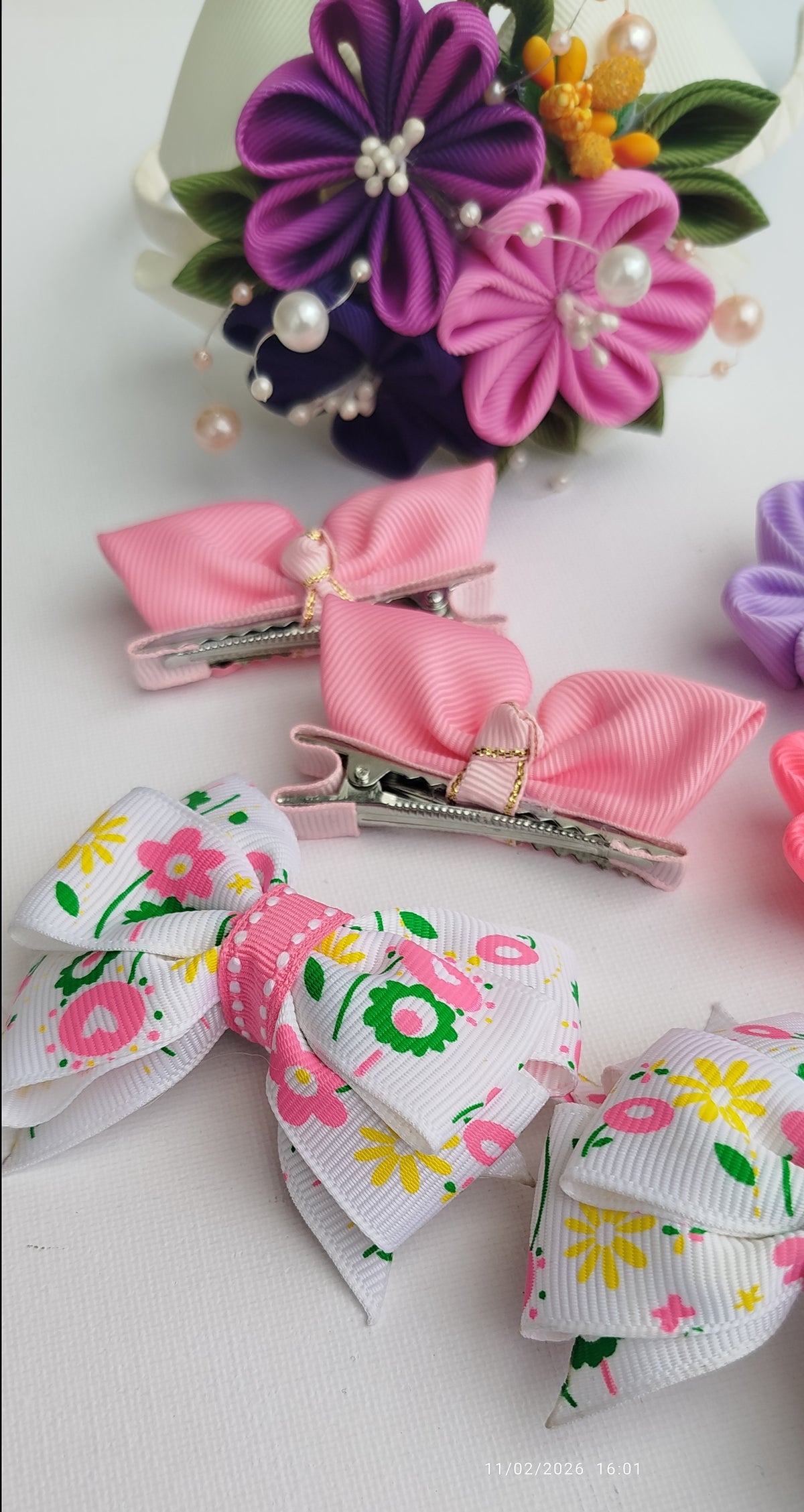 7-Piece Handmade Girls Hair Accessories Set – Multicolor Floral, Bow & Bunny Ribbon Clips with Matching Headband