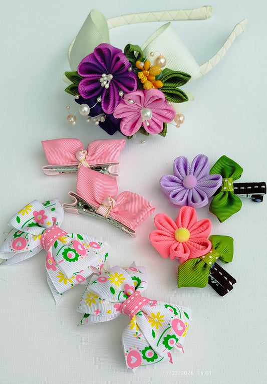 7-Piece Handmade Girls Hair Accessories Set – Multicolor Floral, Bow & Bunny Ribbon Clips with Matching Headband