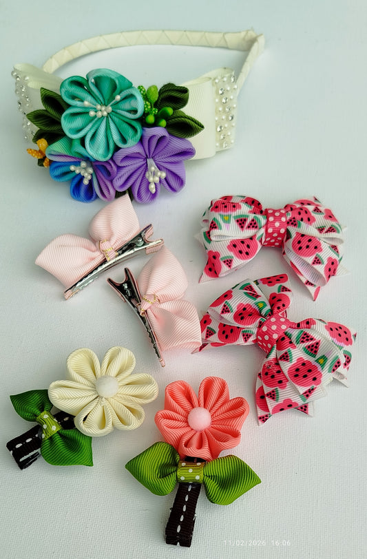 7-Piece Handmade Girls Hair Accessories Set – Multicolor Ribbon Hair Clips, Floral Bow & Bunny Clips with Matching Headband