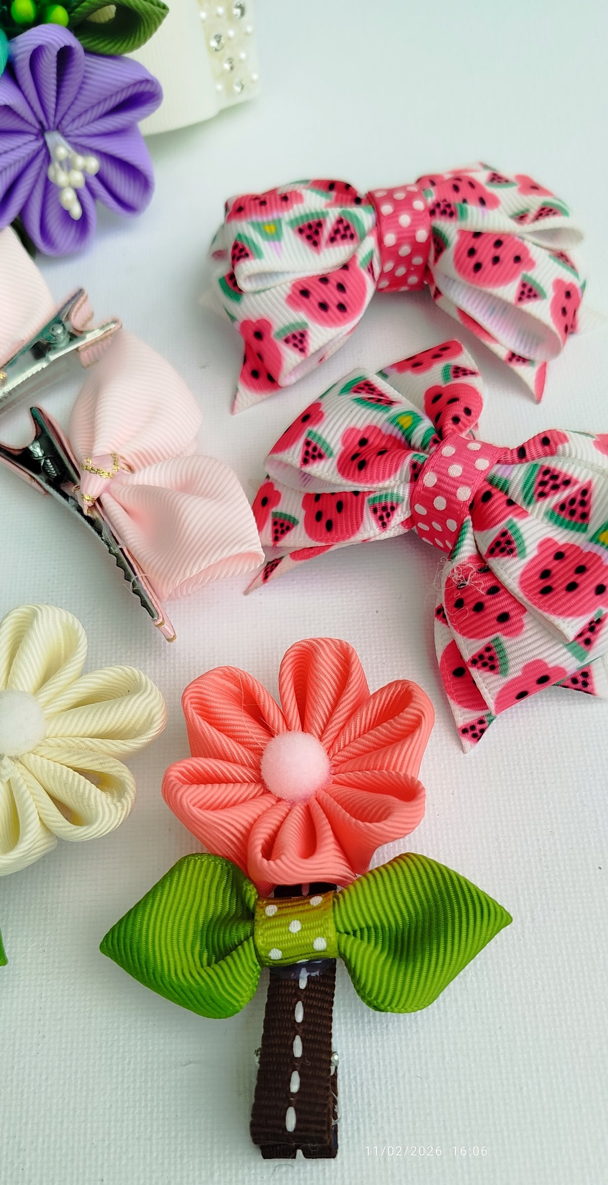 7-Piece Handmade Girls Hair Accessories Set – Multicolor Ribbon Hair Clips, Floral Bow & Bunny Clips with Matching Headband
