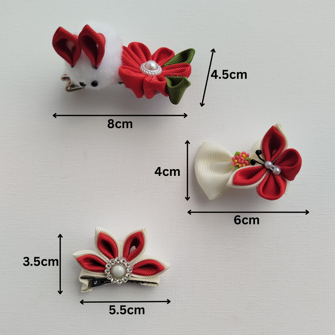 Luxury Red & White Floral, Butterfly & Bunny Hair Clip Set with Floral Headband – 6-Piece Handmade Set