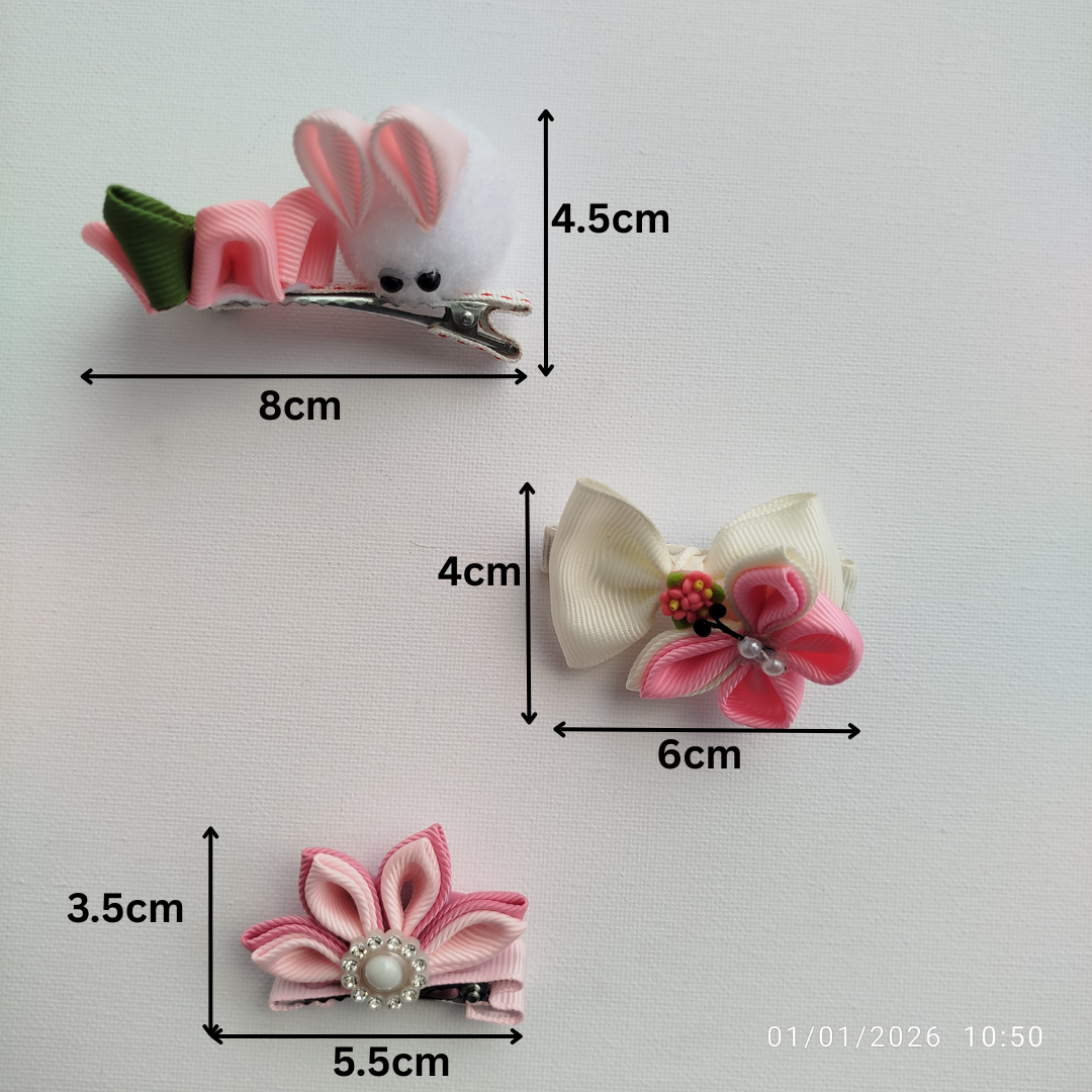 Luxury Pink & White Floral, Butterfly & Bunny Hair Clip Set with Floral Headband – 6-Piece Handmade Set